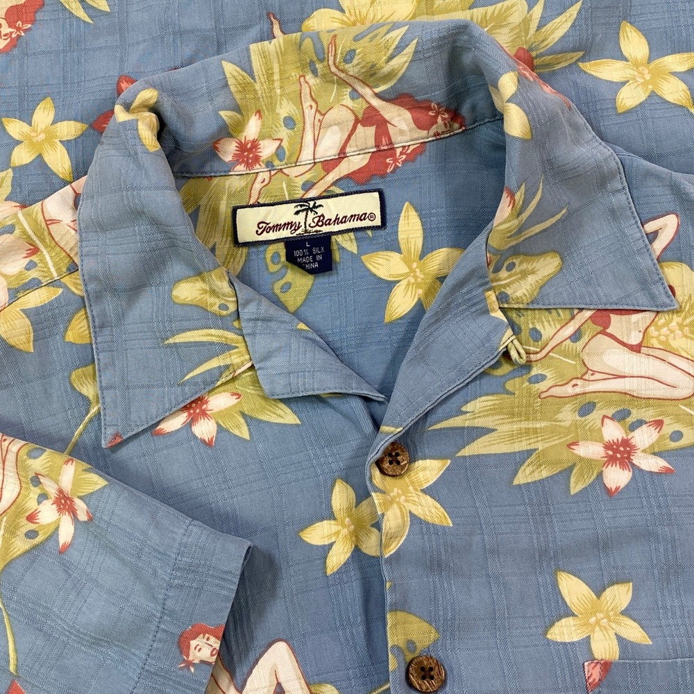 Vintage Tommy Bahama Shirt Mens L Pinup Girl 100% Silk Relaxed Camp Collar Loop